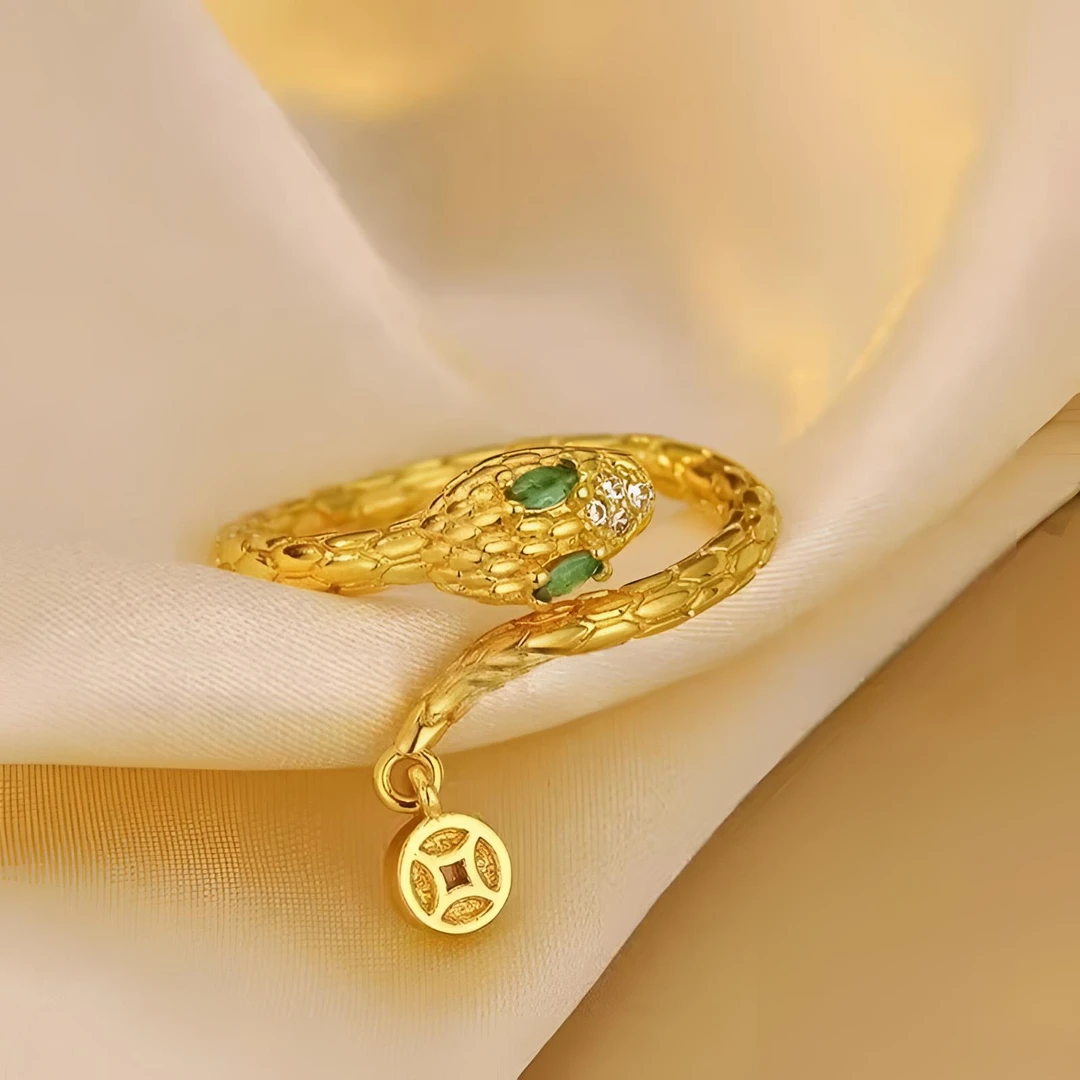 铜合金仿水晶戒指  绿眼摇钱蛇新年本命年新款设计感开口戒指指环