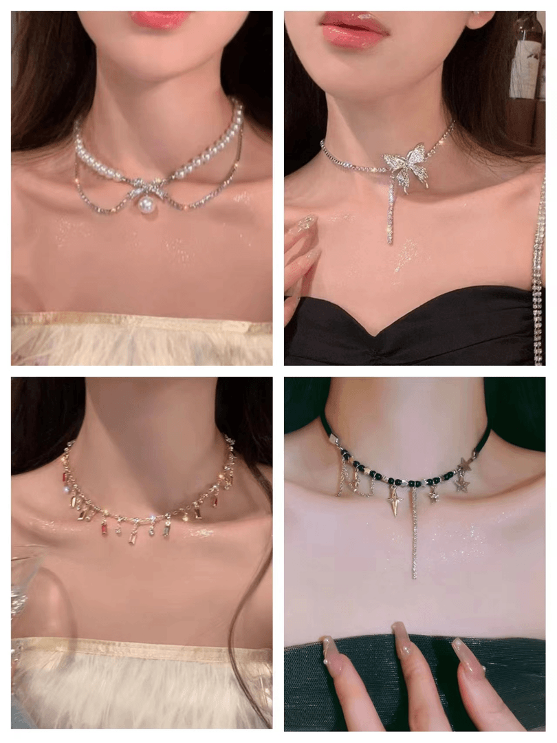 合金仿珍珠项链 山茶花蝴蝶仿珍珠项链女轻奢气质优雅锁骨链颈链~