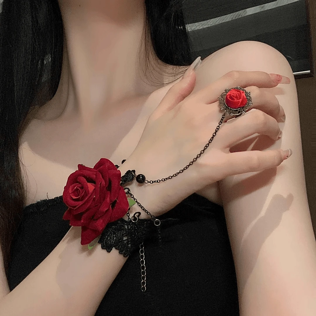 铜合金布艺手链 复古蕾丝戒指手腕手链女万圣节玫瑰花手环哥特风