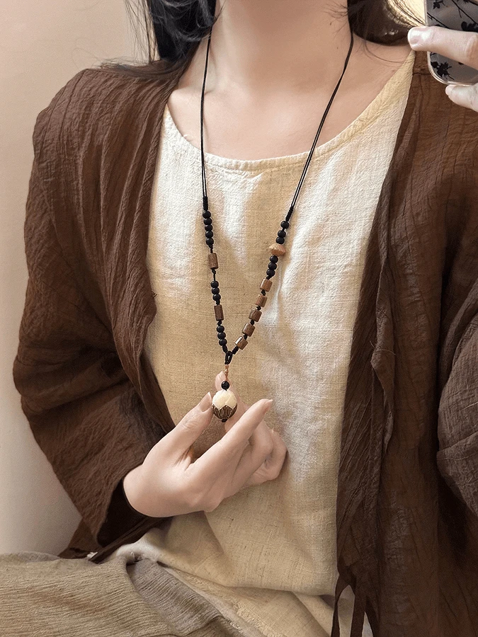 非金属木质项链 国风百搭吊坠项链新中式复古编织长款锁骨链气质