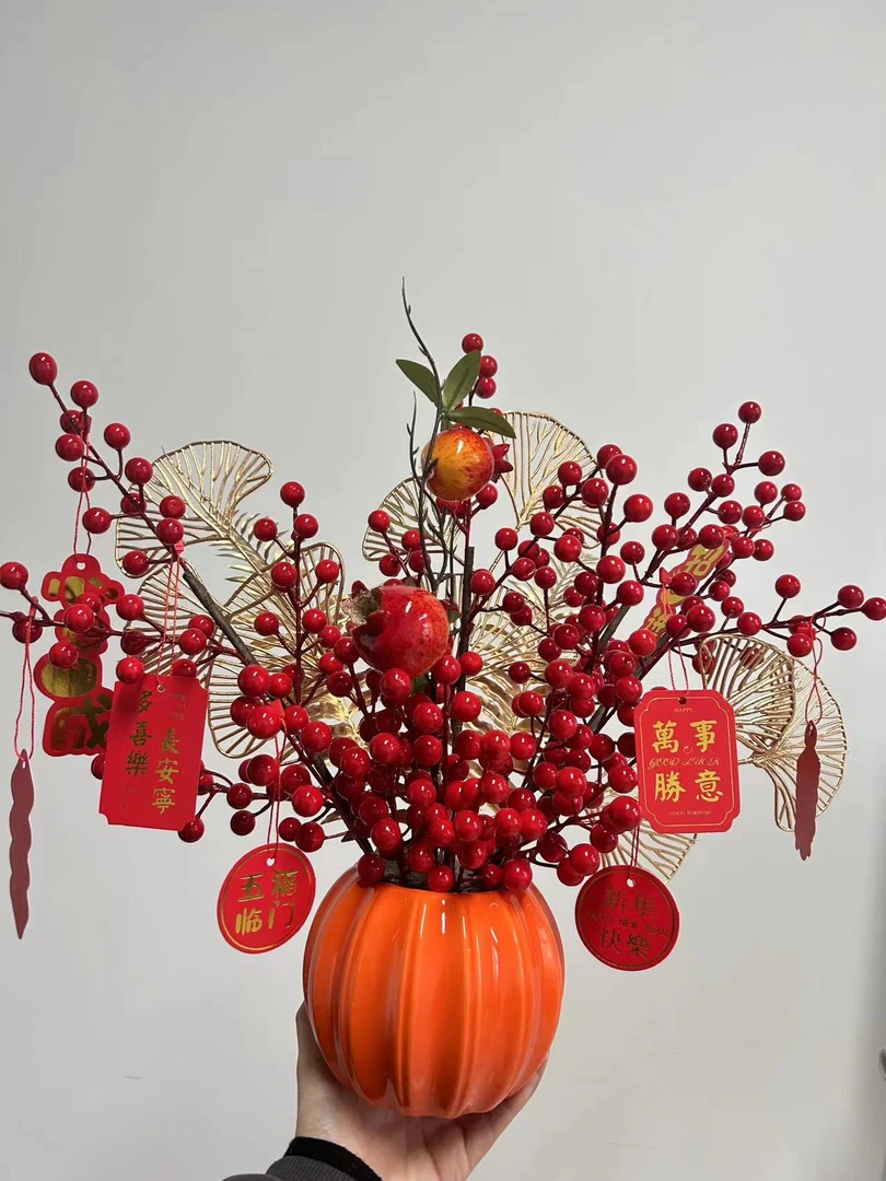 【新年发财果】红果轻奢桌面摆件发发果红果假花仿真花摆设客厅高档