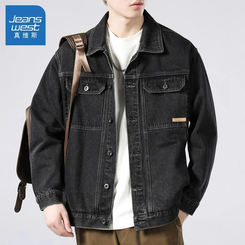 真维斯男士休闲牛仔外套男春秋宽松潮牌百搭男装工装夹克牛仔上衣