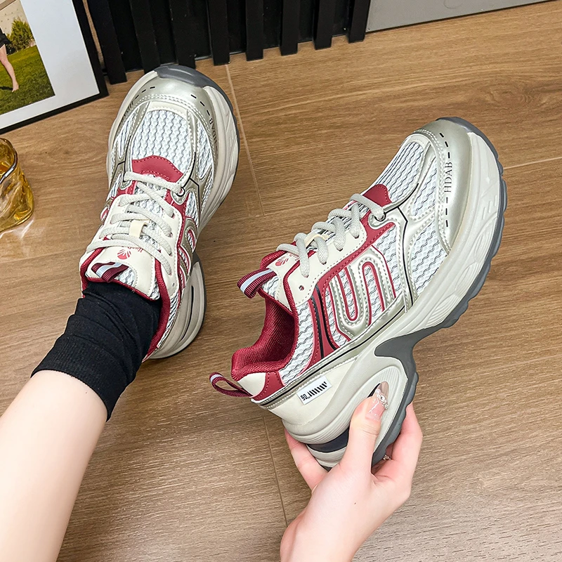 网红厚底老爹鞋女2024秋季韩版百搭网面透气百搭休闲运动跑步鞋子