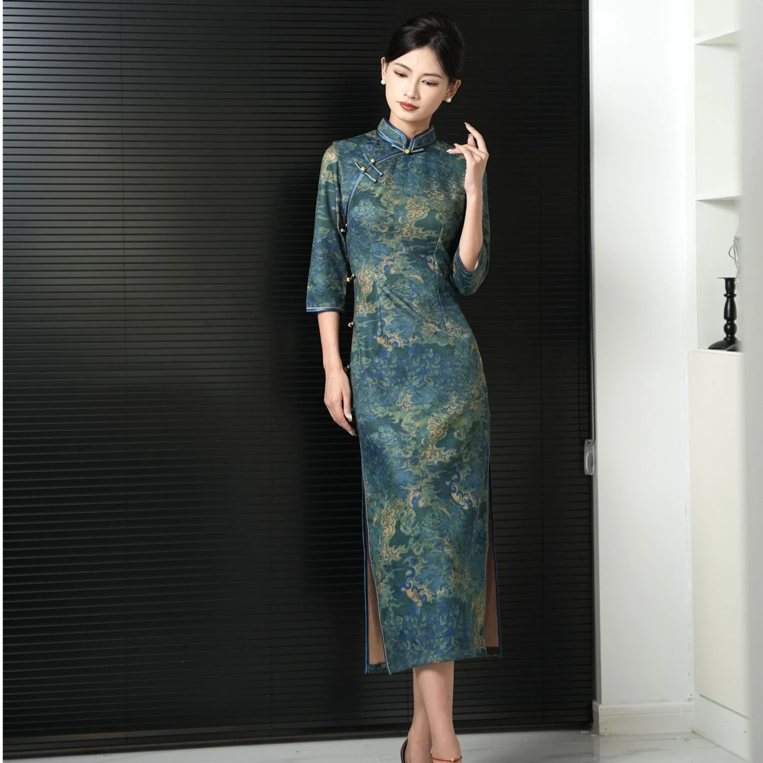雅木【南青】显瘦复古中长款日常气质款优雅旗袍
