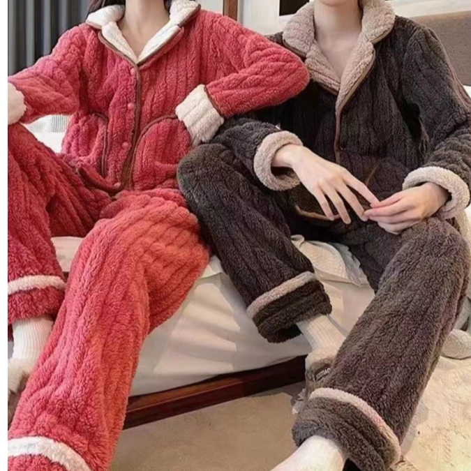 情侣抽条毛绒家居服睡衣保暖加厚家居服女冬款长袖男可外穿长裤