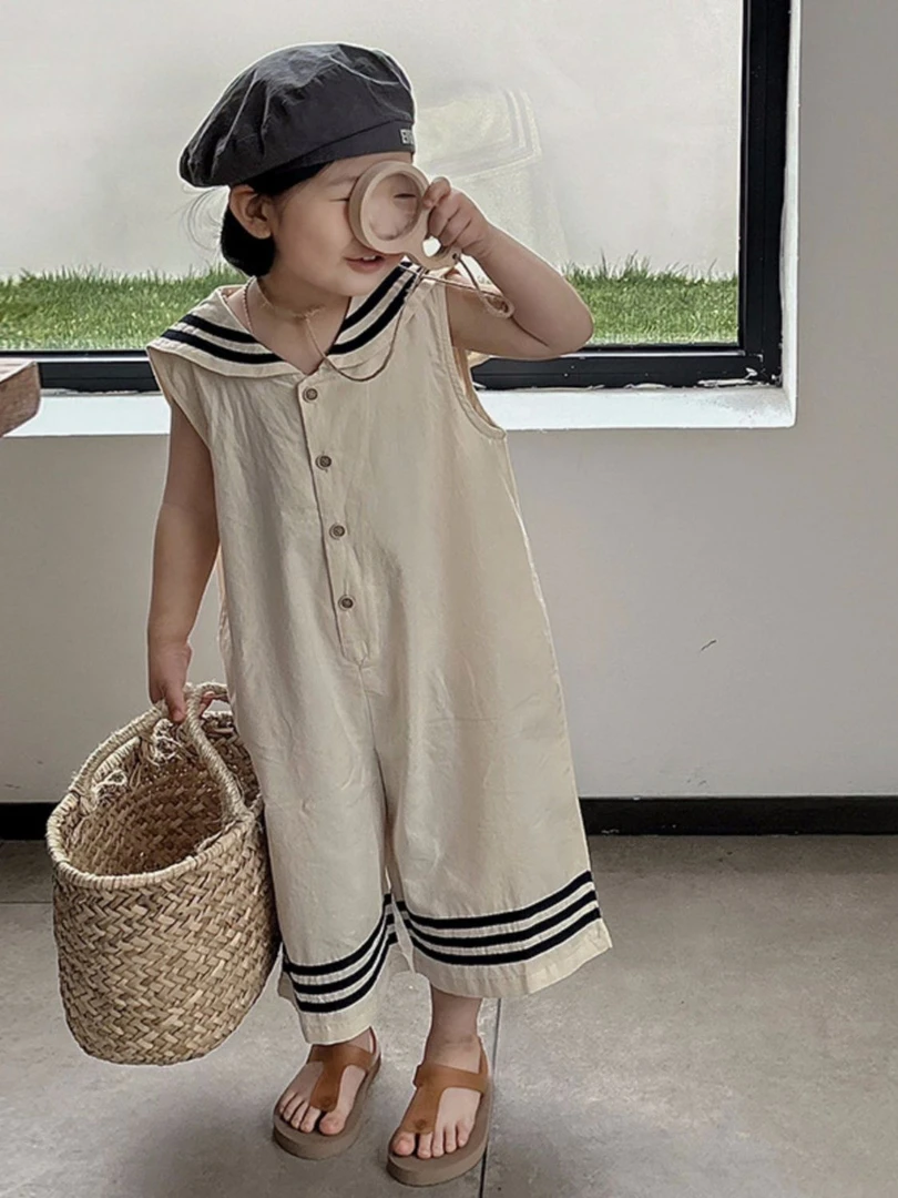 儿童宝宝学院风大翻领九分阔腿裤男女童海军风连体裤2024夏季新款