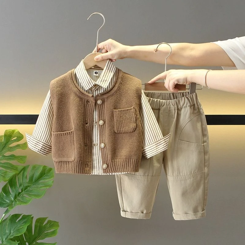 男童套装春秋装2024新款儿童秋季毛衣马甲三件套宝宝酷帅时髦童装
