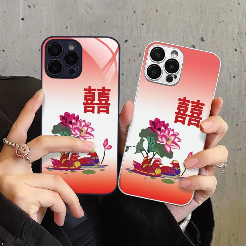 适用苹果/华为/小米/oppo/vivo复古风个性荷花鸳鸯新春网红手机壳