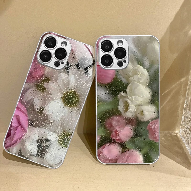 适用苹果/华为/小米/oppo/vivo水雾鲜花创意唯美高档女玻璃手机壳