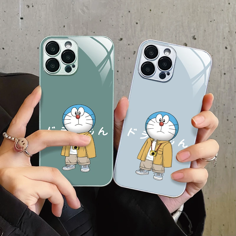 适用苹果/华为/小米/oppo/vivo简约时尚穿搭机器猫创意玻璃手机壳