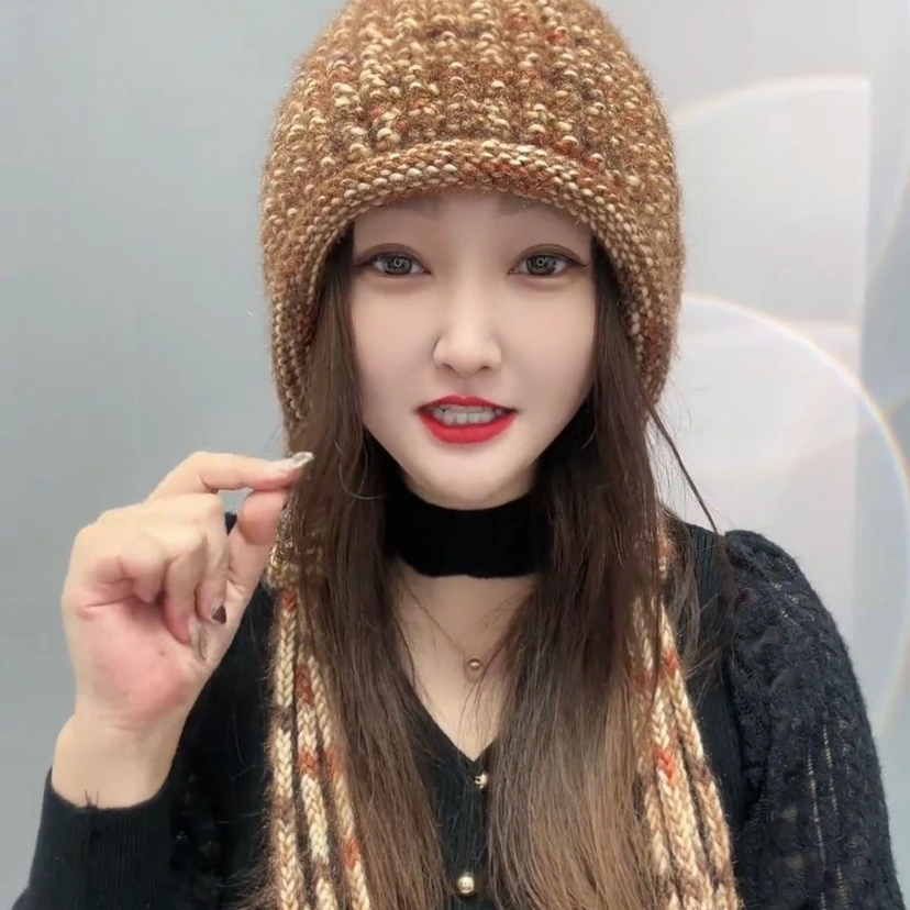 秋冬季手工毛线帽帽子流苏彩虹针织新款绑带保暖护耳头帽包头帽