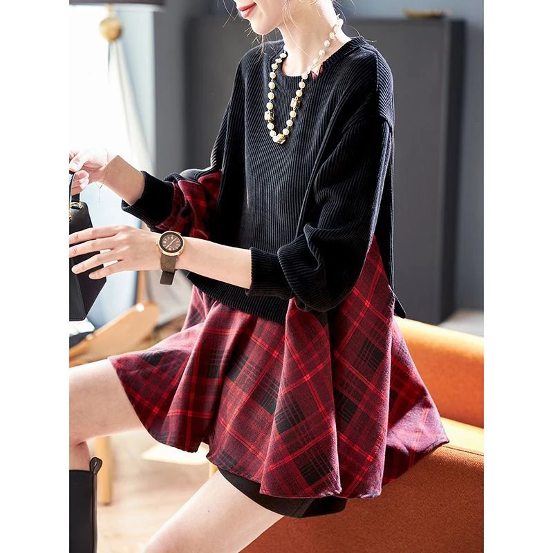 高端时尚假两件格子拼接卫衣女2024春季新款圆领长袖宽松遮肉上衣