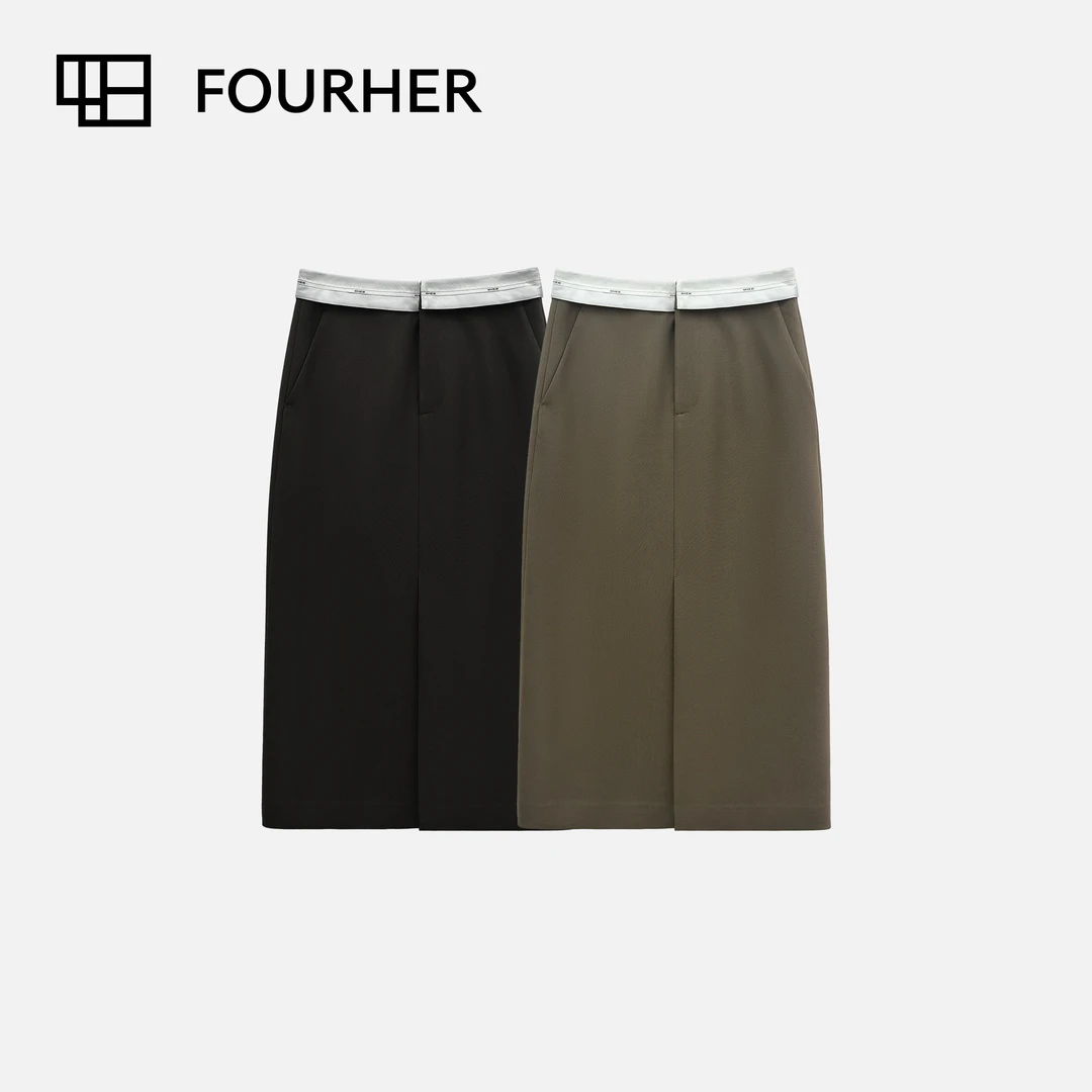 FOURHER 翻腰大咖 半裙版  骨感干练直筒开叉半身裙