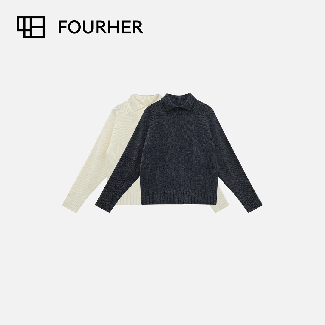 FOURHER 奶芙潘彼得 开叉小立领 插肩袖荃毛气质毛衣
