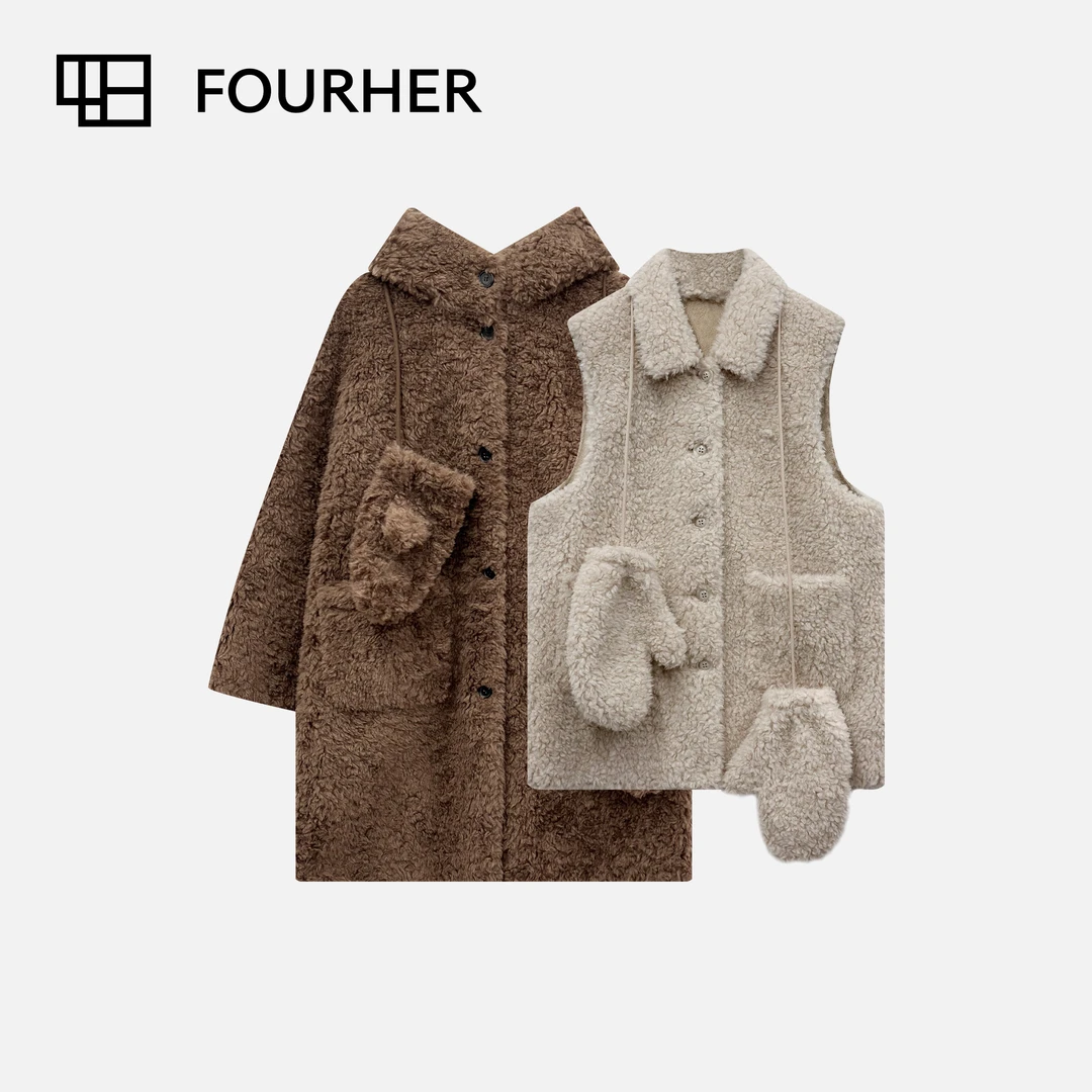 FOURHER 恋冬雪人 复古治愈 泰迪感毛绒马甲外套/挂脖手套