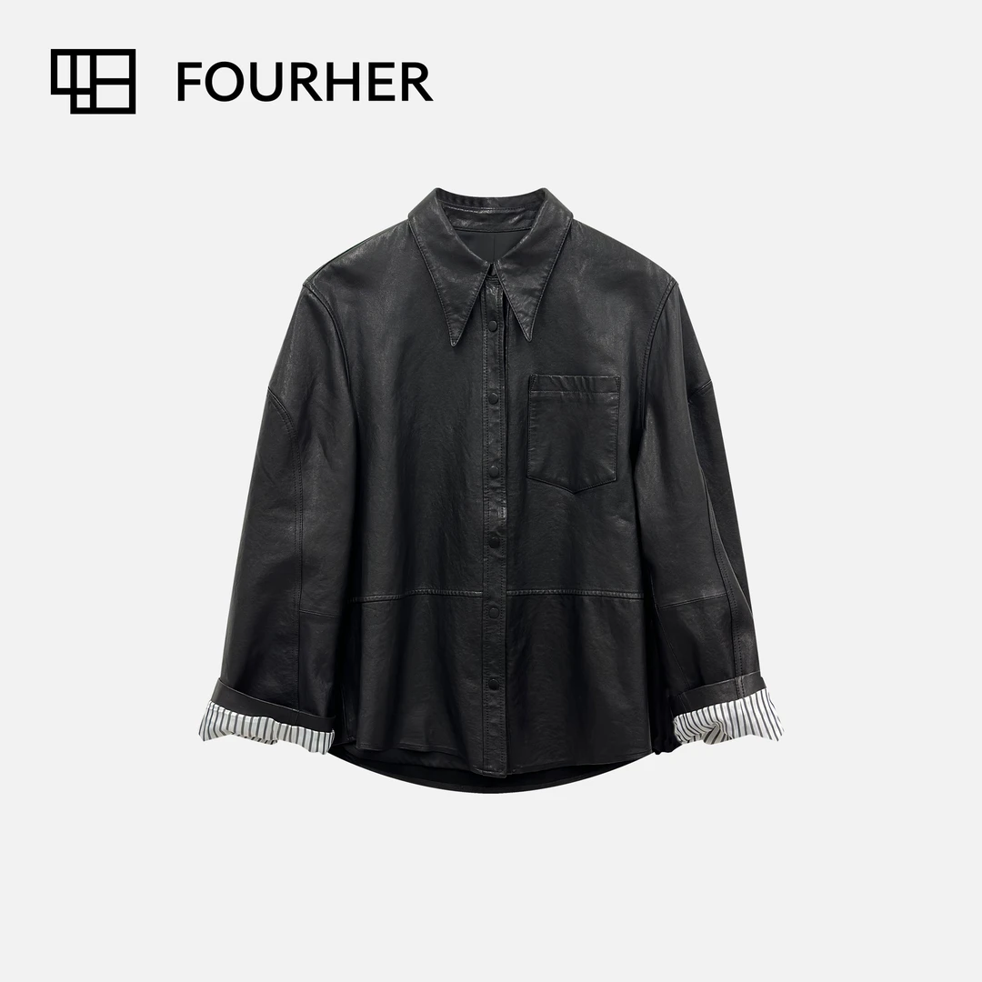 FOURHER 巴赫旧约 条纹撞袖 摩登立体解构线剪刀领口袋皮衣
