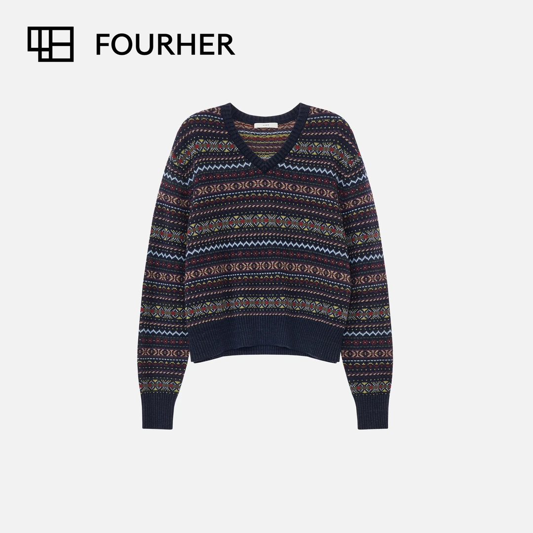 FOURHER 古堡蓝岛 提花费尔岛 北欧复古慵懒V领毛衣