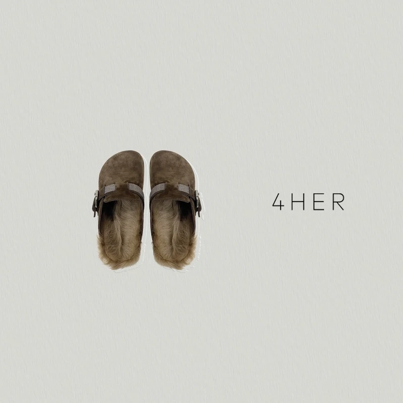 FOURHER 老友记 加厚毛毛 勃肯绒面一脚蹬懒人半拖鞋