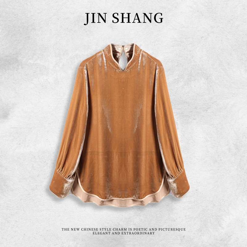 100桑蚕丝真丝丝绒复古百搭小立领宽松长袖显瘦上衣XYN24Z279