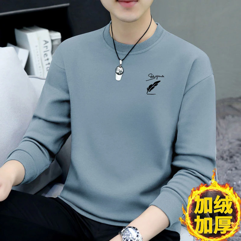 男士卫衣加绒保暖套头体恤2025秋冬新款纯色休闲无帽加厚打底衫