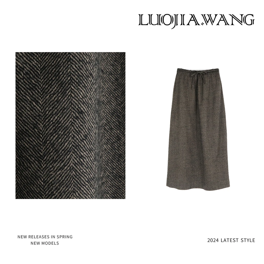 LUOJIAWANG时髦慵懒人字纹设计款质感羊毛半裙