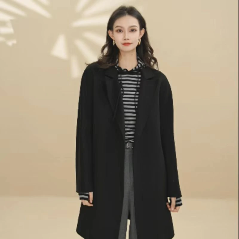 IDENTIFIES/易缔媤大衣时尚休闲女士黑色双面中长款气质AD43250