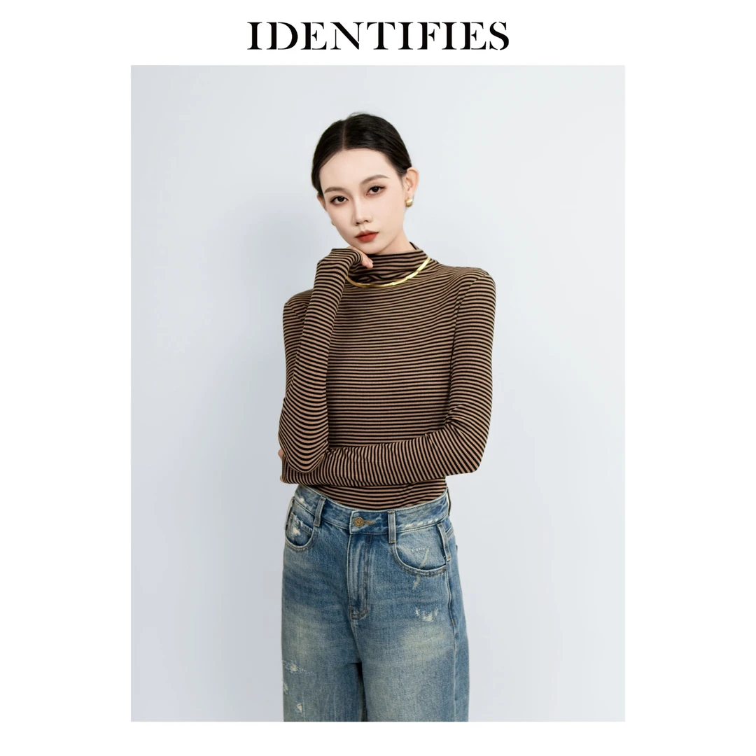 IDENTIFIES/易缔媤打底长袖时尚宽松条纹半高领修身百搭AD33374