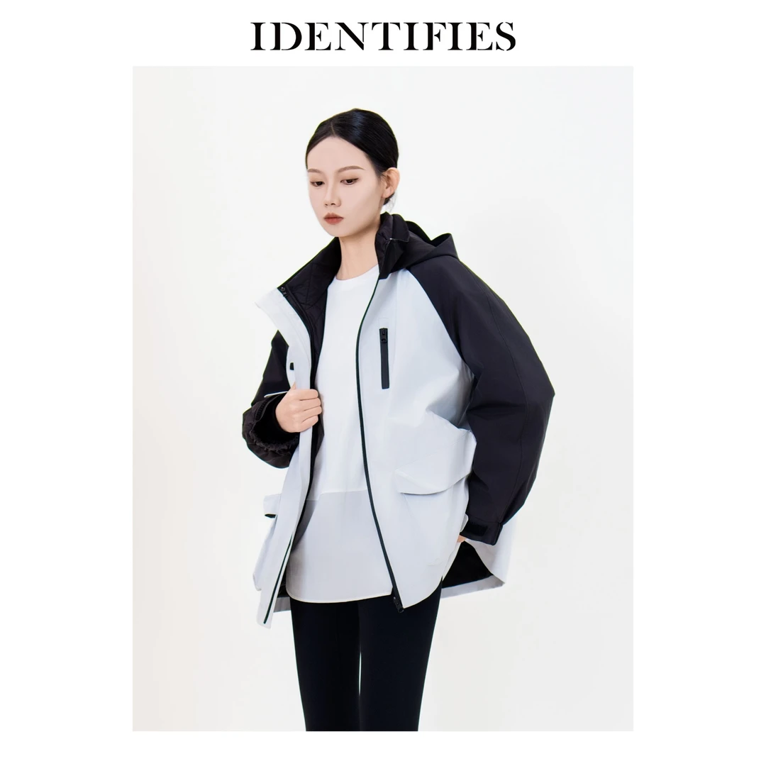 IDENTIFIES/易缔媤冲锋衣运动短款时尚休闲连帽宽松保暖冬D43534