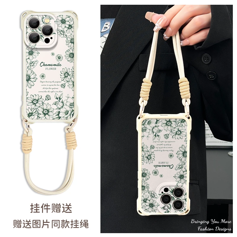 适用于苹果16华为OPPO小米VIVO高级感潮流四角挂绳手机壳YA0002