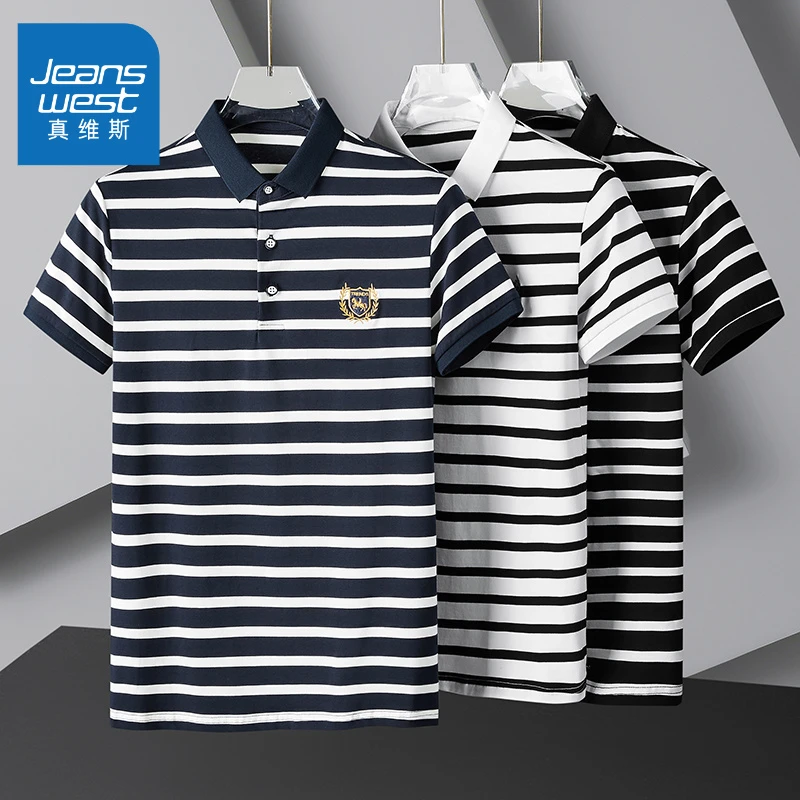 真维斯2024夏季新款男士短袖POLO衫条纹拼色韩版中青年男士T恤