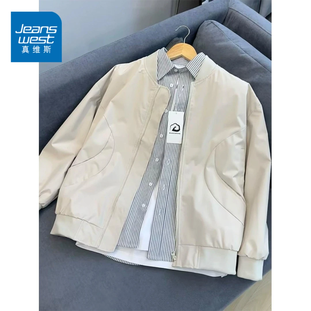 Jeanswest/真维斯行员夹克男春秋格雷系中性风穿搭情侣棒球服外套