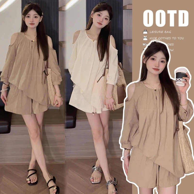 【小薇家】时尚韩版小个子新款夏装孕妈妈气质显瘦露肩七分袖套装