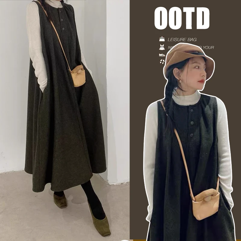 时尚韩版～孕妇装2024秋冬款背心连衣裙显瘦百搭叠穿过膝圆领长裙