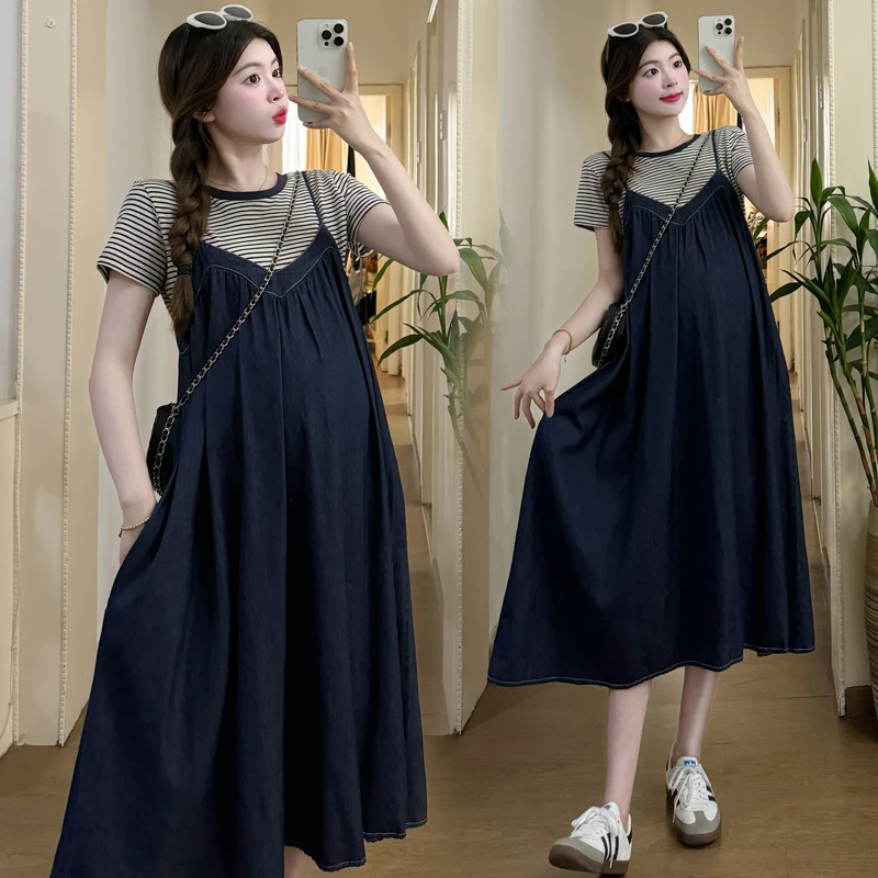 2024年新款夏装简约甜美淑女宽松连衣裙套装T恤 ＋牛仔连衣裙