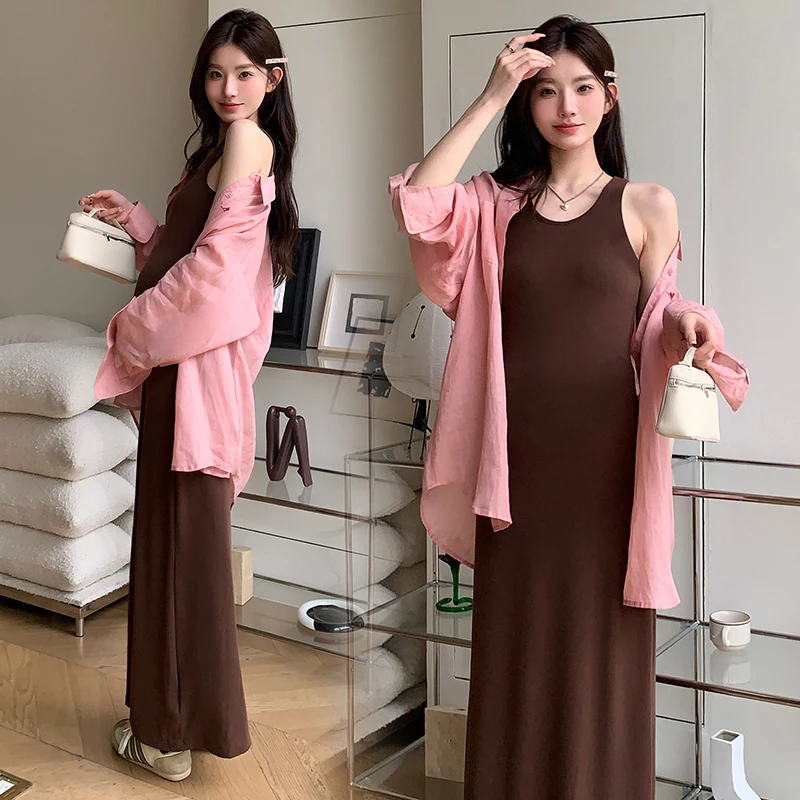 小个子时尚孕妇装韩版减龄宽松衬衫+长款弹力显瘦背心裙两件套