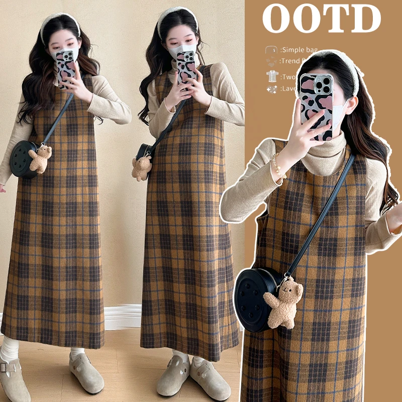 小个子时尚孕妇毛呢加厚格纹小香风连衣裙打底衫加厚套装