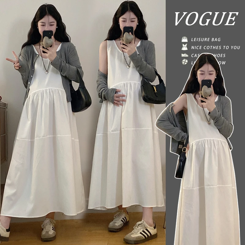 小个子新品孕妇2024宽松慵懒风休闲背心裙长袖开衫两件套孕期套装