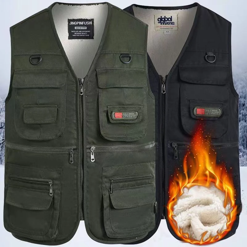 加绒马甲男加厚坎肩中年男士宽松冬季户外工装背心多口袋加棉马夹