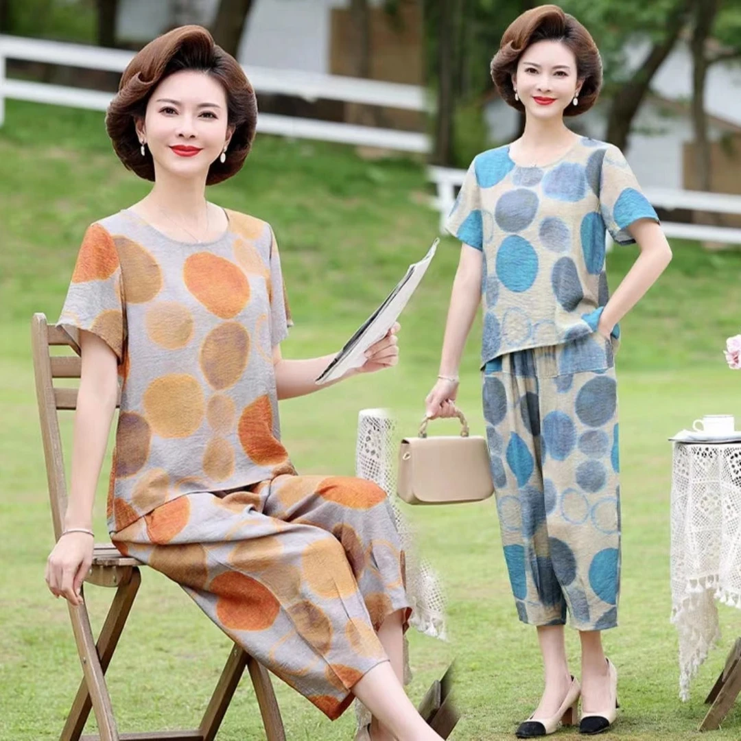 2023妈妈装夏季宽松遮肚套装中老年女装短袖T恤阔太太洋气两件套