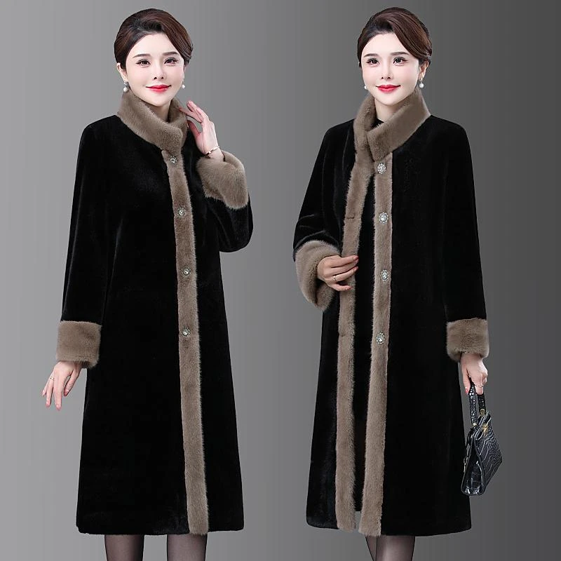 新款妈妈装防貂绒外套女冬长款过膝立领中老年皮毛一体高端毛毛大