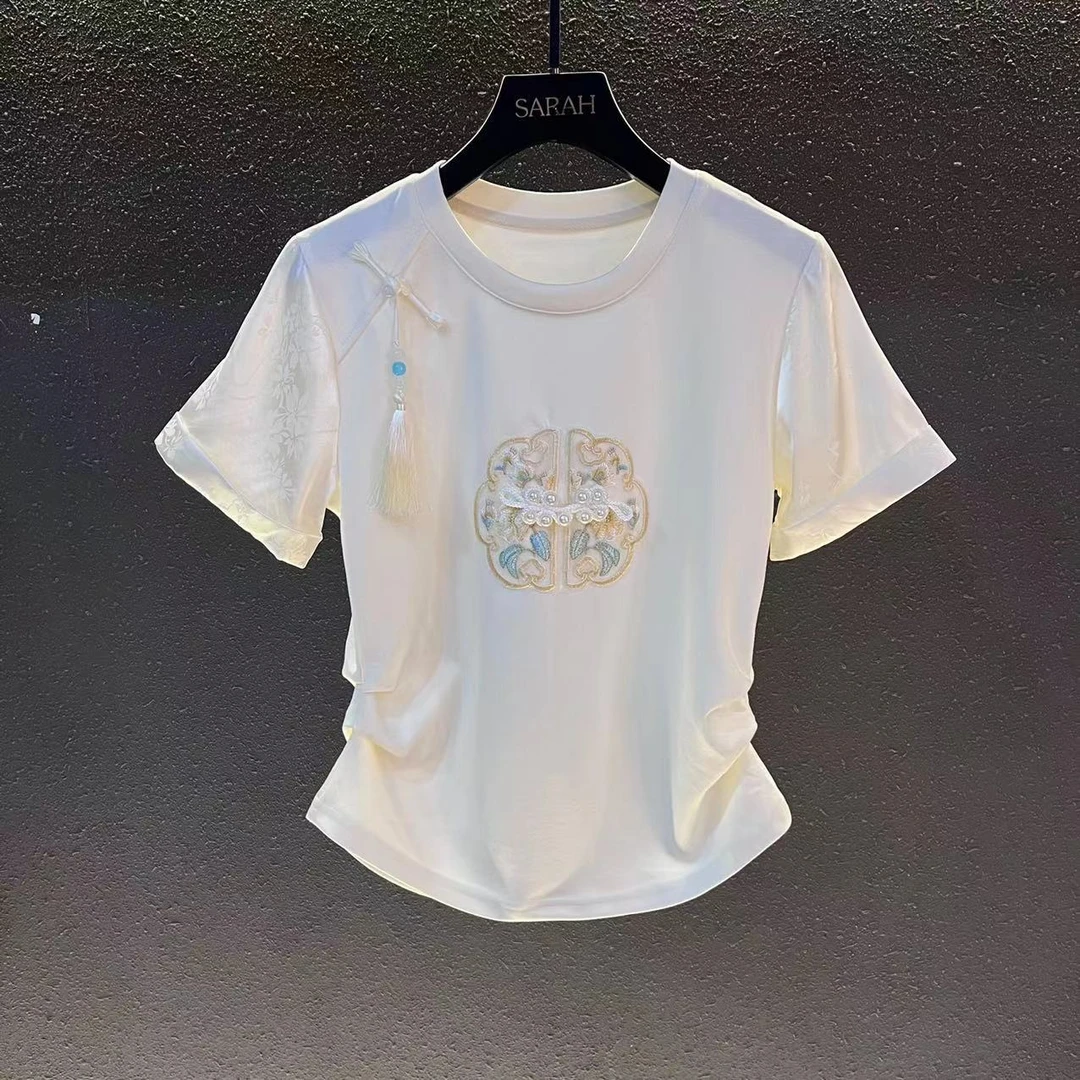 [东方之珠]新中式国风盘扣短袖时尚T恤女2024年高端潮牌女装上衣