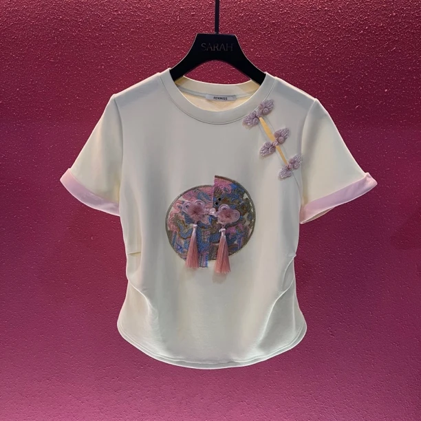 [粉色刺绣]2025年款新中式盘扣刺绣绣花短袖T恤时尚潮流百搭上衣