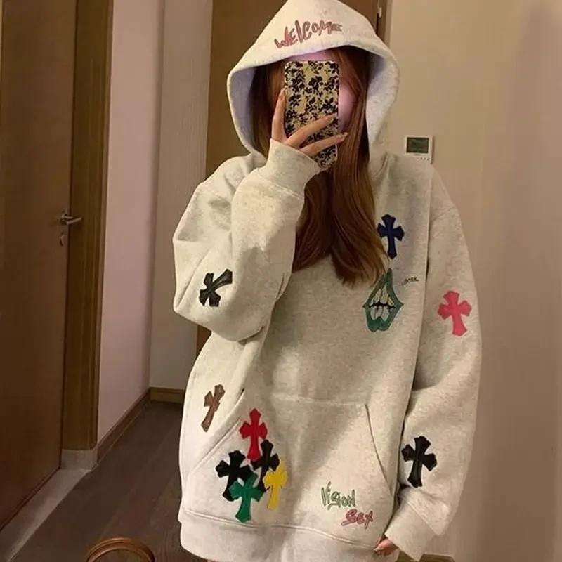 冬季元素卡通印花连帽加绒卫衣女秋冬款宽松慵懒风长袖薄外套上衣