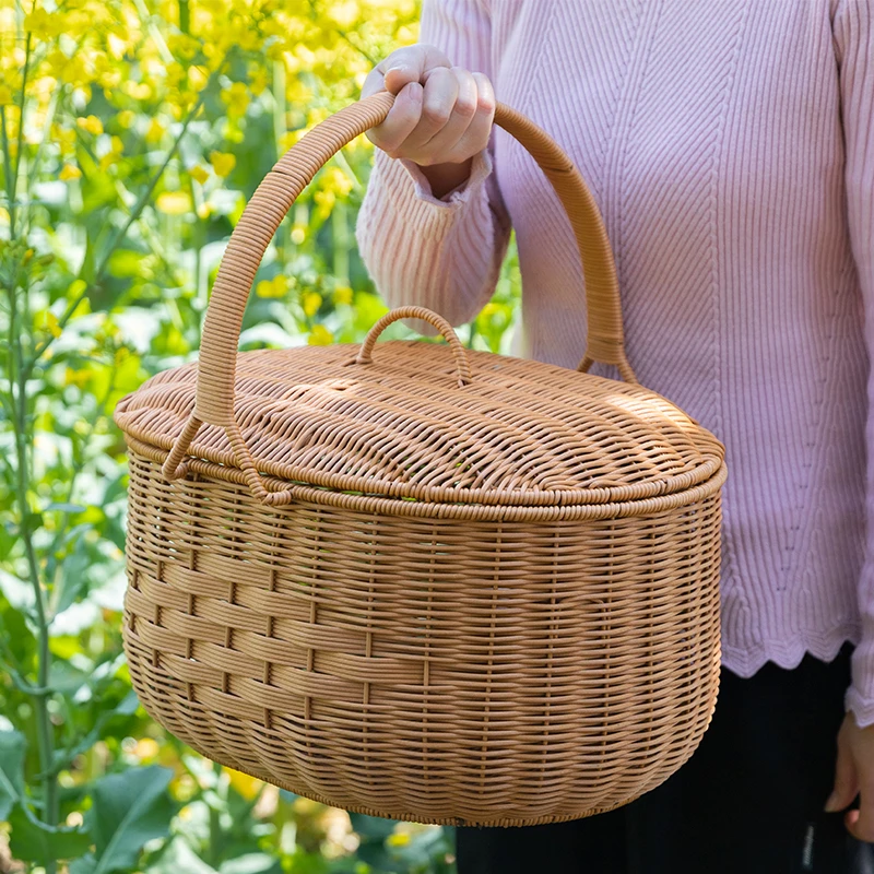 仿藤塑料编织野餐篮手提篮子创意带盖买菜篮水果零食筐手工拜神篮