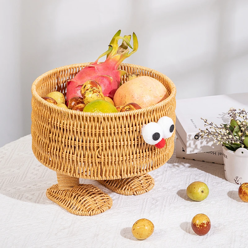 创意可爱卡通小黄人收纳篮仿藤编织水果篮水果零食杂物桌面收纳