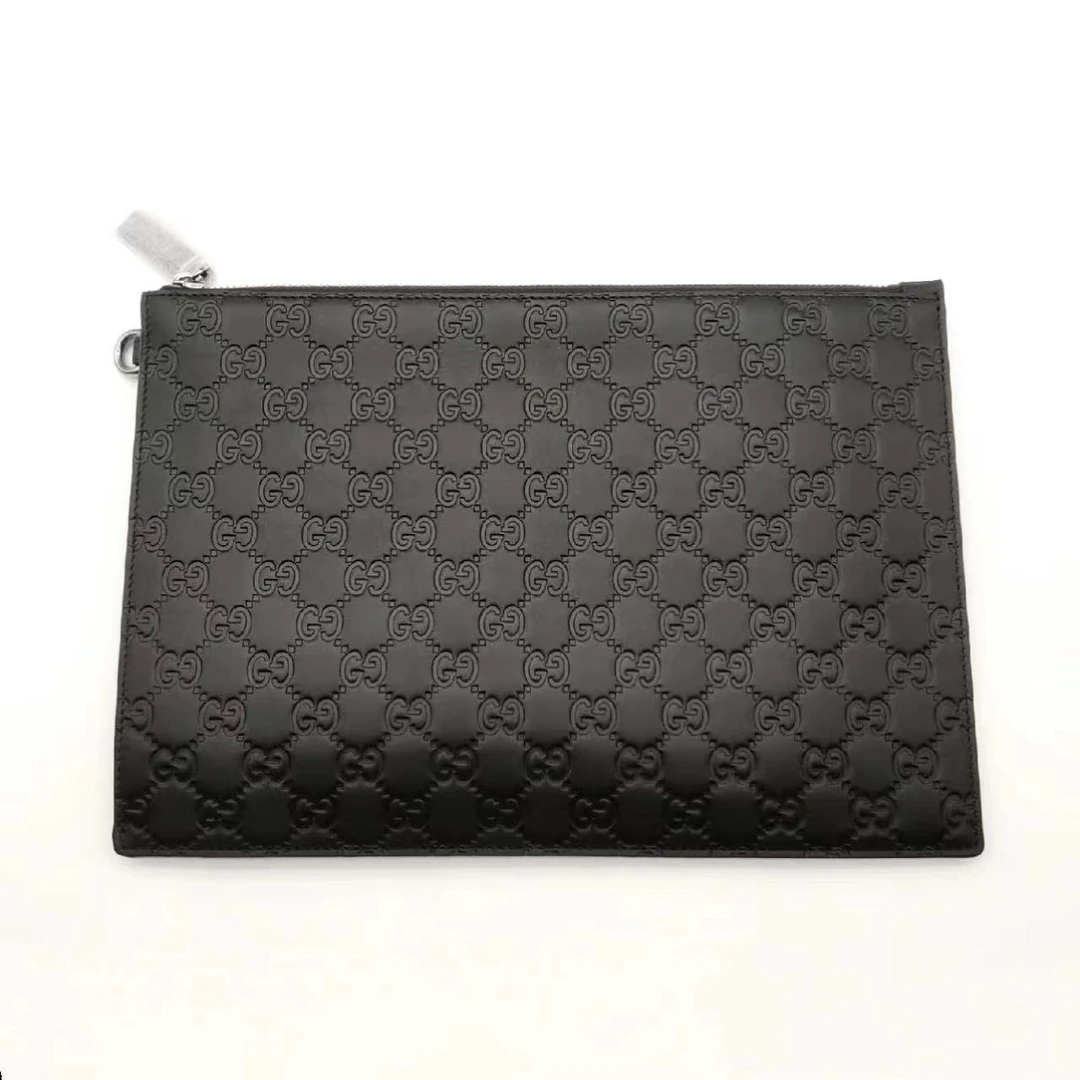 99新 GUCCI/古驰 手拿包 黑色老花压纹拉链牛皮男包 02638