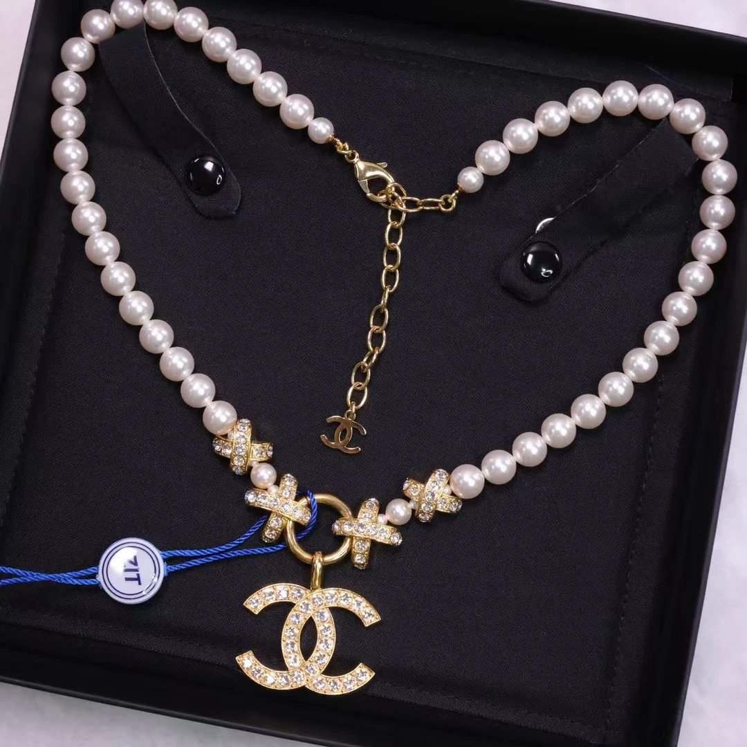 全新未使用 Chanel/香奈儿 23P金色满钻双C珍珠项链 05958