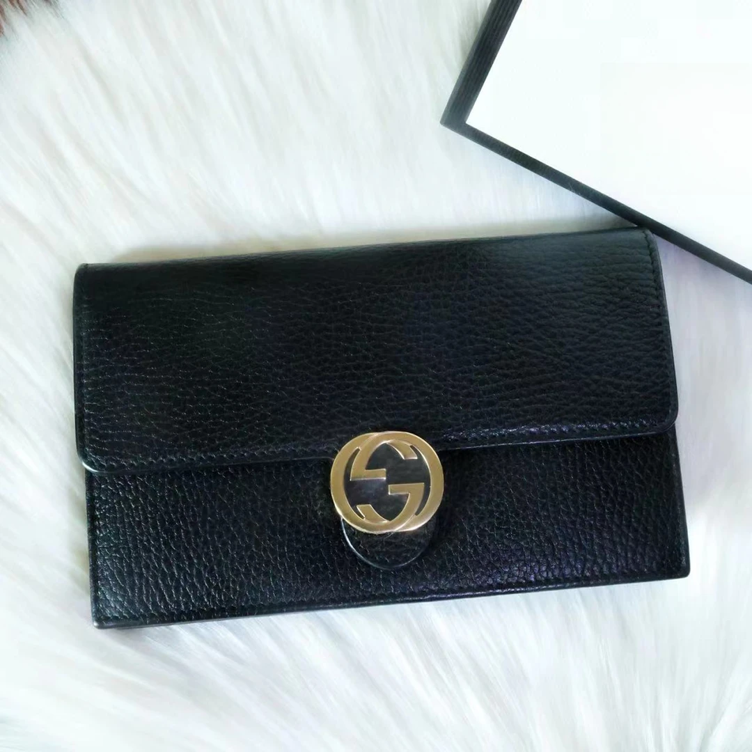 99新 GUCCI/古驰 黑色荔枝纹双G风琴包信封包 单肩链条包 40704
