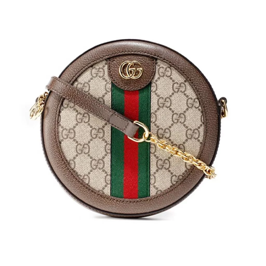 99新 GUCCI/古驰 条纹老花圆饼链条包 乌木色/棕色 01007