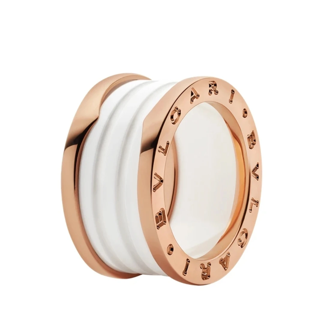 99新 BVLGARI/宝格丽 玫瑰金 宽版 白陶瓷四环戒指